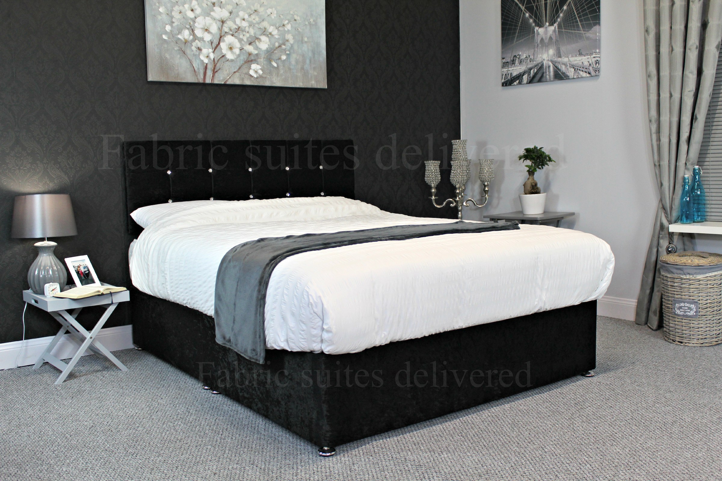 Strong Split Divan Bed — Black Crushed Velvet — made to order