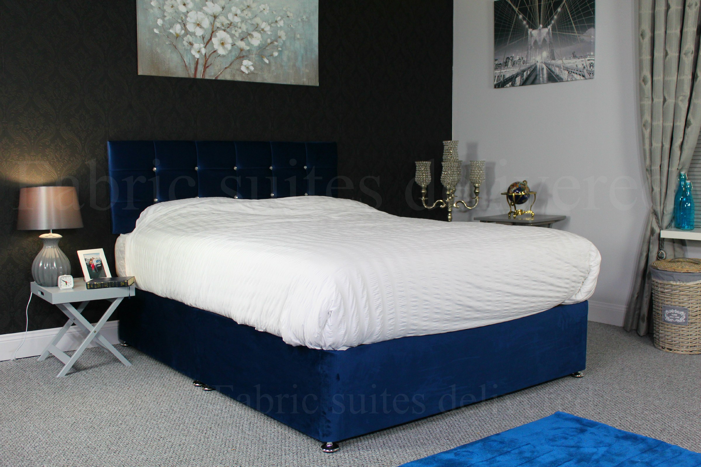 Strong Split Divan Bed — Blue Plush Velvet — made to order