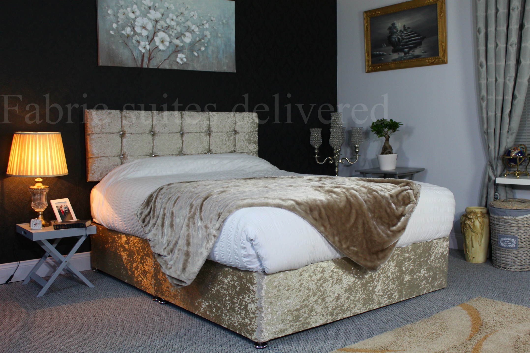 Strong Split Divan Bed — Champagne Crushed Velvet — made to order