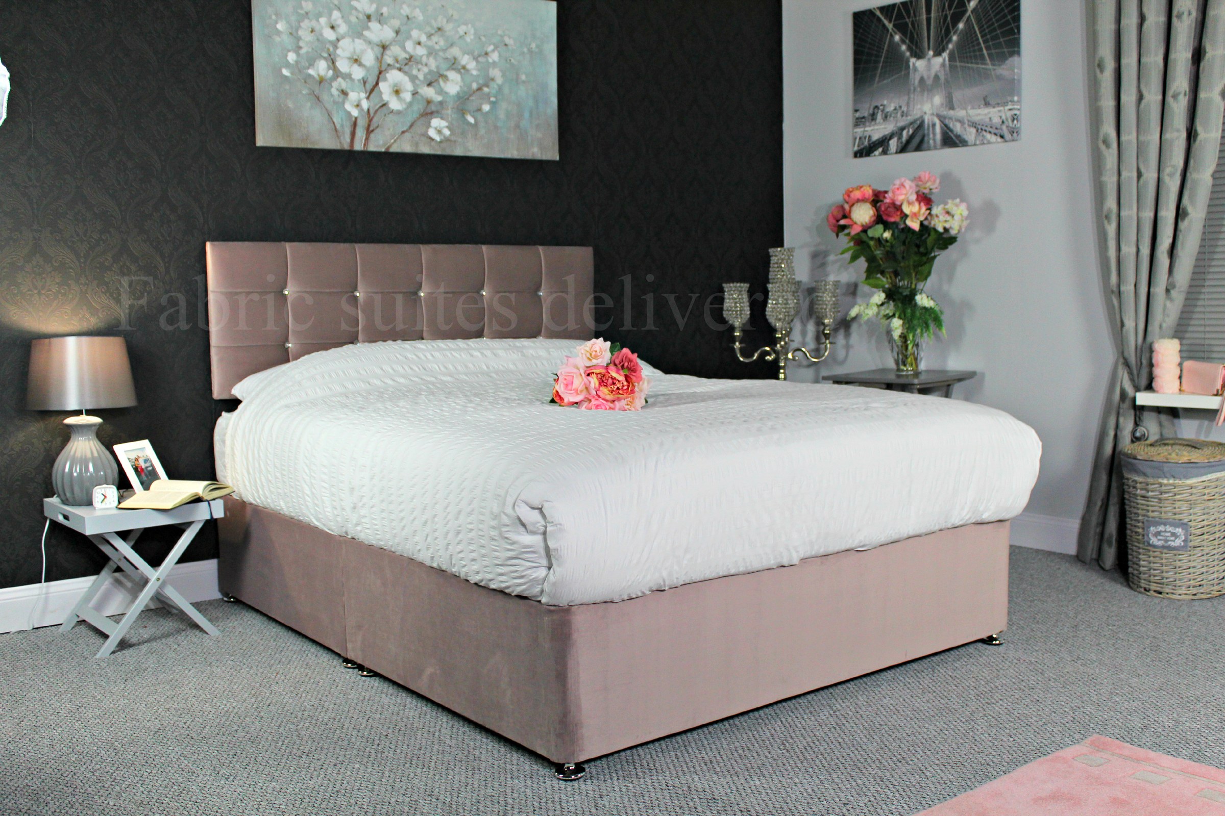 Strong Split Divan Bed — Pink Plush Velvet — made to order