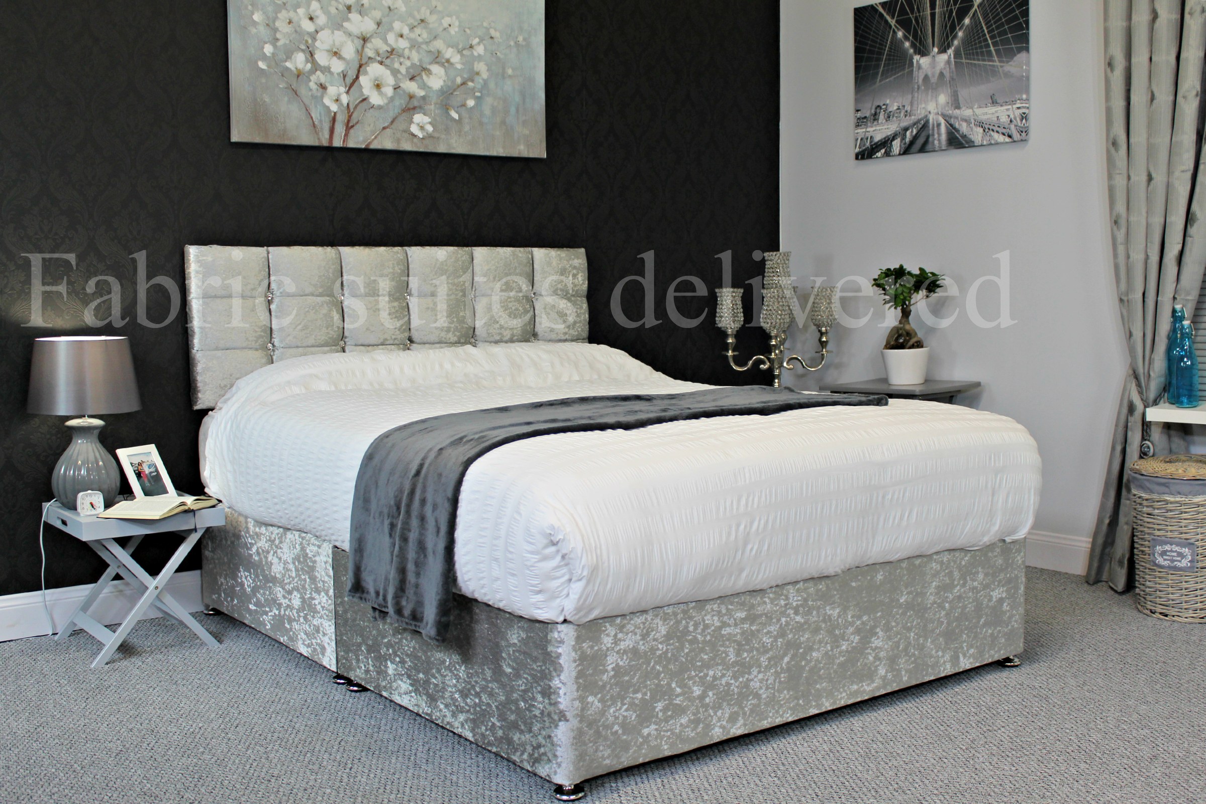 Strong Split Divan Bed — Silver Crushed Velvet — made to order
