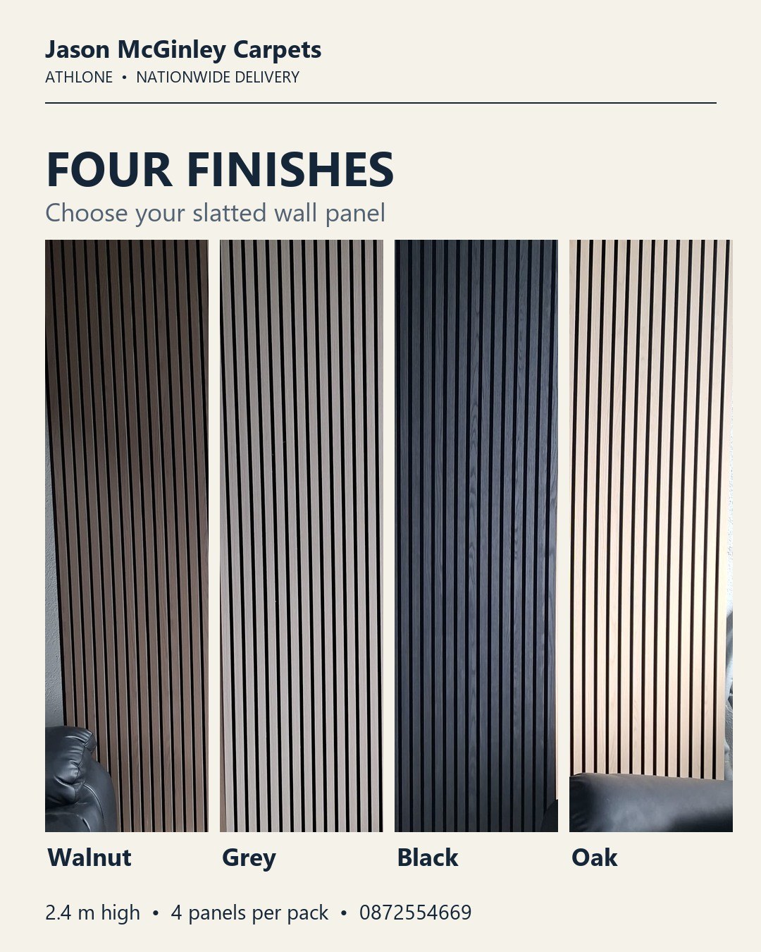 Slatted Acoustic Wall Panel — four-finish collage